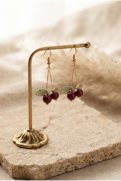 ZGNOVA Handmade Cherry Earrings with Beads and Metal Detailing