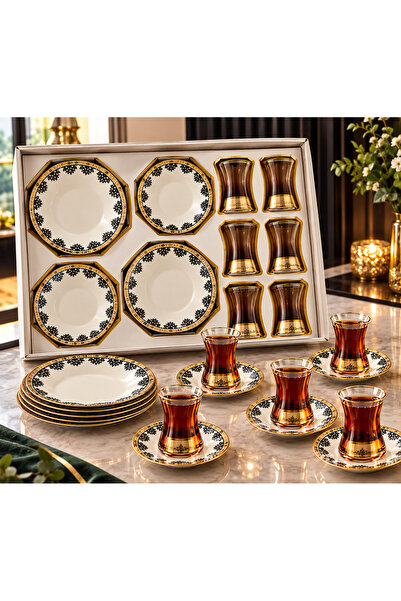 Genel Markalar 18 Parça Pasta Tabağı ve Çay Bardağı Takımı – Gold Detaylı Siy...