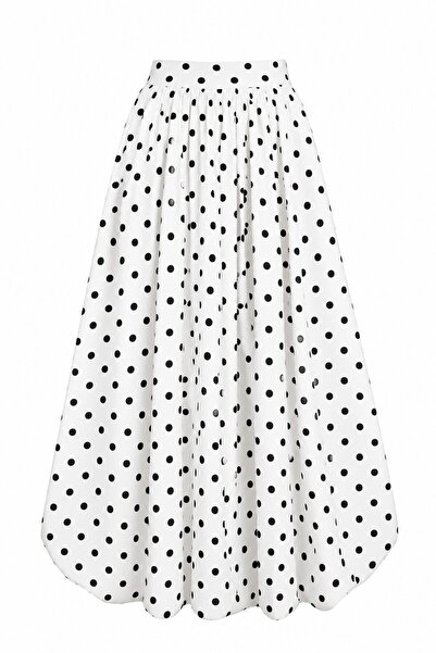 Laluvia White Long Polka Dot Balloon Skirt - 2Y8014
