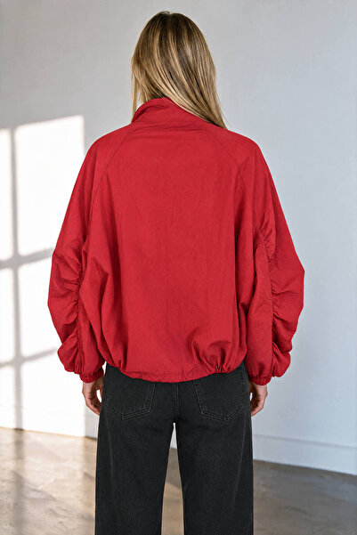 Sue Store Red Stand Collar Buttoned Raincoat with Drawstring Sleeves