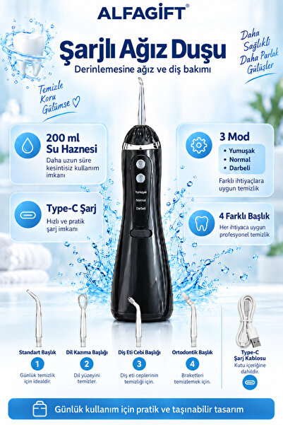 ALFAGİFT Şarjlı Kablosuz Ağız Duşu, 200 ml 4 Başlıklı 3 Modlu USB Type-C Diş Arası Temizleme Cihazı