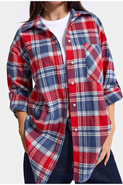 it's basic Kadın Laci Kırmızı Ekose w6-76 Oversize Gömlek