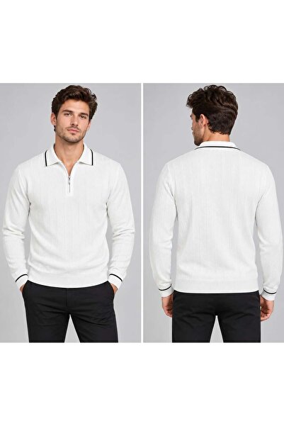 Polo Yaka Desenli Triko Sweatshirt - BEYAZ - ST 507