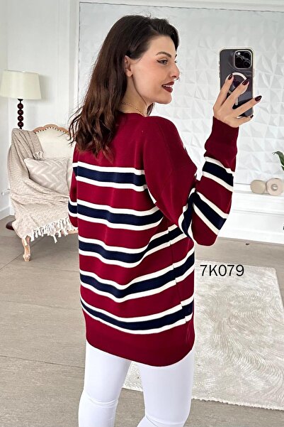 İnce Topuk Crew Neck Striped Knitwear Blouse 7K079