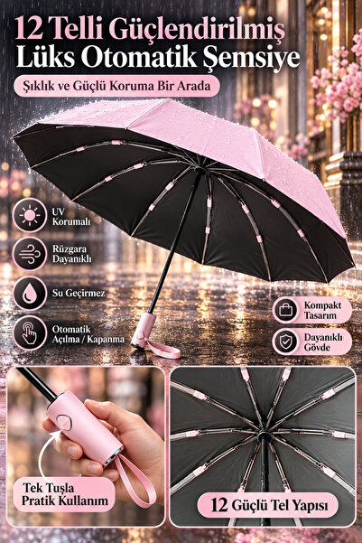 Lucky Love 12 Telli Güçlendirilmiş Lüks Otomatik Şemsiye UV Korumalı Rüzgara ...