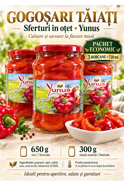 Yunus Gogoșari tăiați în sferturi – Pachet economic 3 borcane × 720 ml