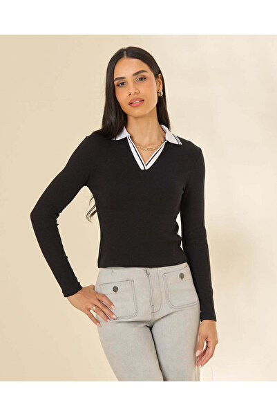 REDTAG Women Black Contrast Collar Ribbed Top