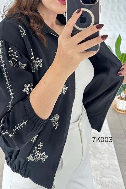 İnce Topuk Bead Embroidered Modal Kupra Jacket 7K003