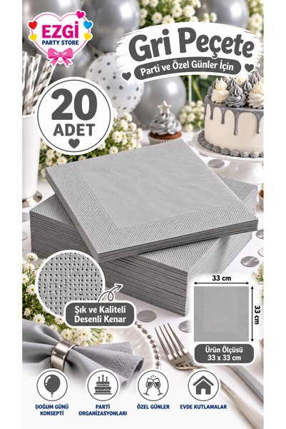 Ezgi Party Store 20 Adet Gri Peçete 33x33 cm Doğum Günü Konsepti Parti Sofra ...