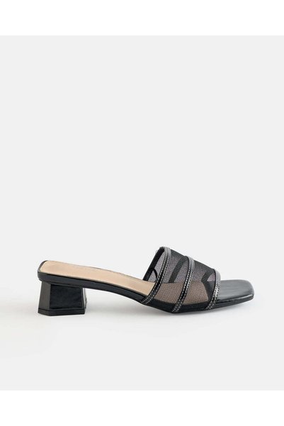 REDTAG Women Black Mesh Stitch Detail Heeled Mules