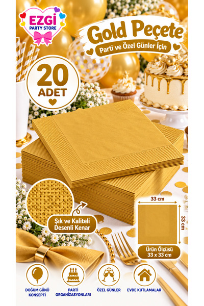 Ezgi Party Store 20 zlatnih salveta, 33x33 cm, za rođendanske tematske zabave...