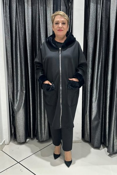 selma Büyük Beden Kürk Detaylı Fermuarlı Triko Hırka/Kaban