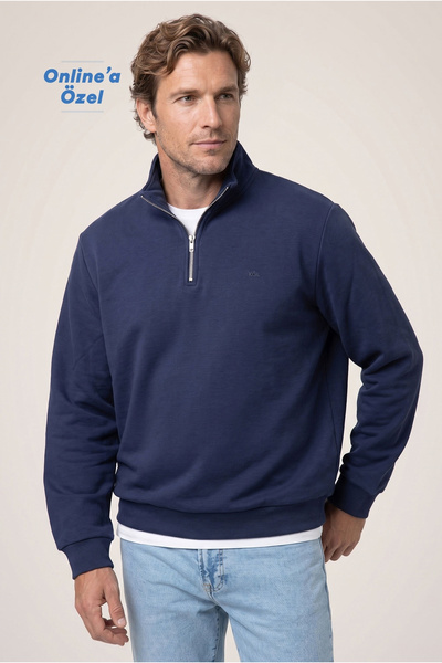 Kiğılı Fermuarlı Yarım Balıkçı Yaka Regular Fit Pamuklu Basic Sweatshirt