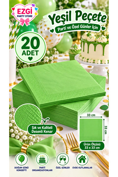 Ezgi Party Store 20 zelenih salveta, 33x33 cm, za rođendanske tematske zabave...