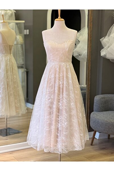 Lenta Wedding Lez Dantel Ten Rengi İnci Askılı Kalp Yaka Midi Boy Nikah Ve Ge...
