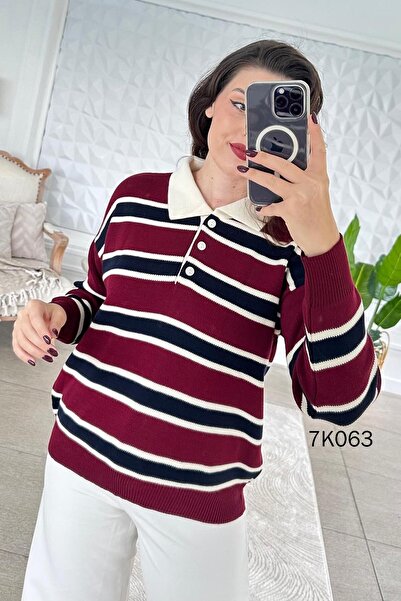İnce Topuk Thick Striped Polo Collar Knitwear Blouse 7K063