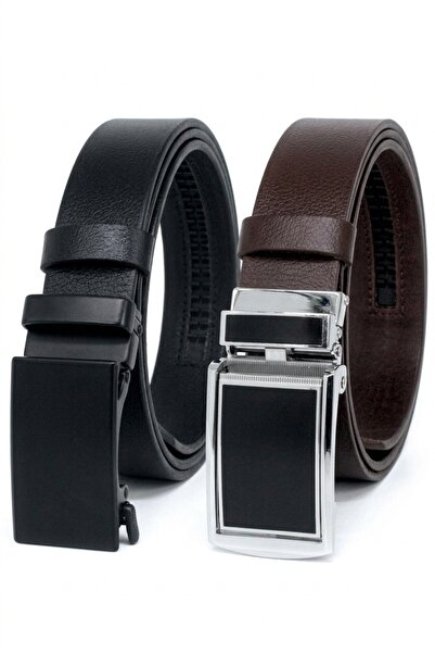 Livize 2-Pack Genuine Leather Automatic Buckle Men's Belt with No-Hole Rail