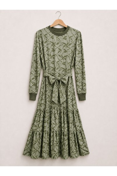 Hepsi Moda Leaf Patterned Belted Dress - 6111 - Mint Green