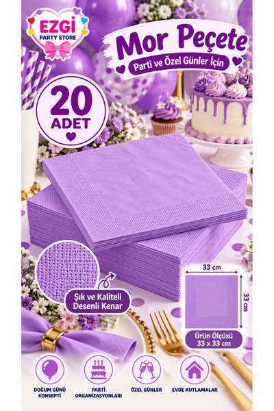 Ezgi Party Store 20 ljubičastih salveta, 33x33 cm, za rođendanske tematske za...