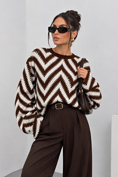 msm fashion Women's Sweater Knitted Crew Neck Drop Shoulder Zigzag Patterned ...