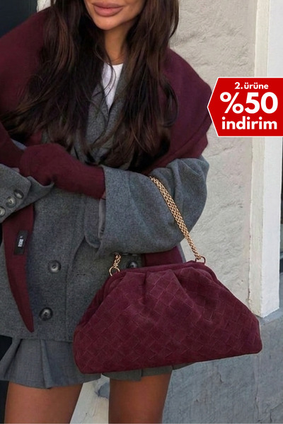 Berlesi Bordo Örgü Desenli Zincirli Süet Çanta