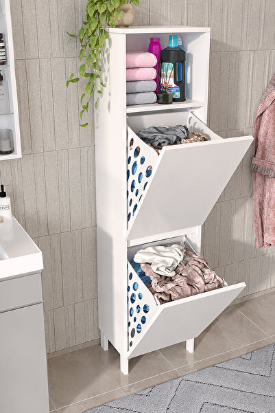 dekor fim DF03111 2 Bölmeli Devrilir Çamaşır Sepetli Banyo Dolabı Çok Amaçlı ...