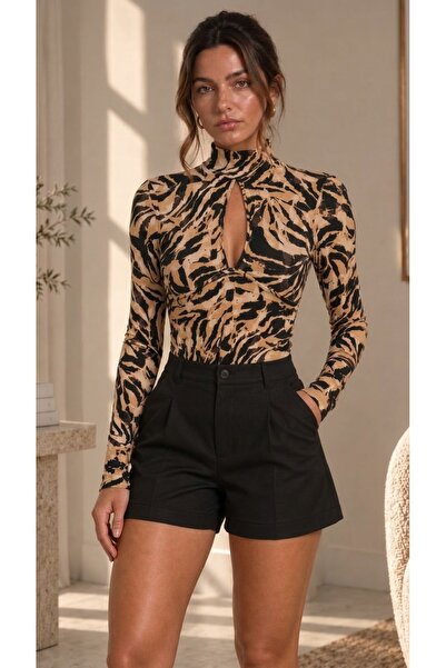 peralist Women's Coffee Autumn Patterned High Neck Window Detail Long Sleeve Blouse