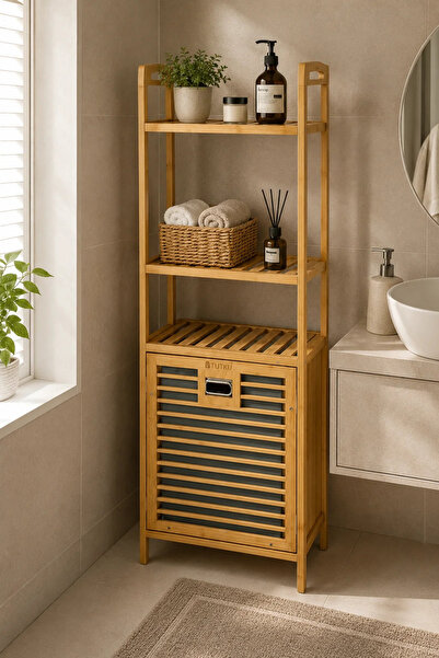 Tutku Home Bambu 3 Raflı Çamaşır Sepeti & Dolap