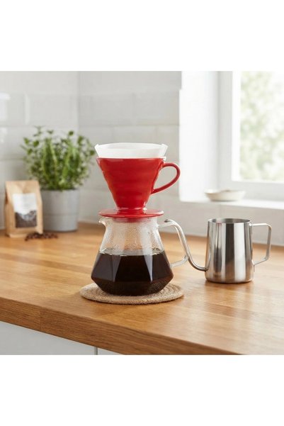 artizanmutfak V60 Red Ceramic Filter Coffee Brewing Set Steel Kettle 600 ml