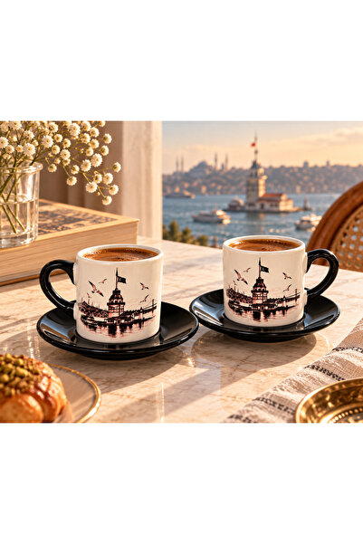 Kız Kulesi Desenli 2'li Klasik Kulplu Siyah Tabaklı Fincan Takımı - İstanbul Manzaralı Türk Kahvesi Espresso Fincanı Hediyelik