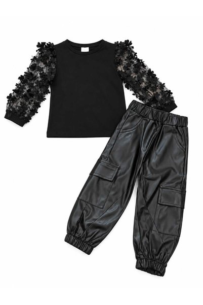 Generic Brand Compleu fete negru 2 piese cu pantaloni efect piele și bluză cu...