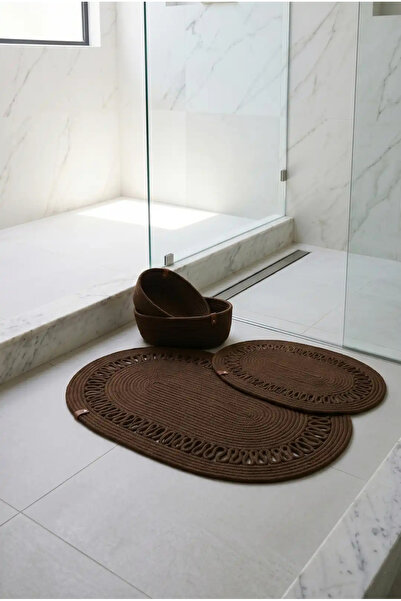 4 Parça Jüt Hasır Görünümlü Desenli Banyo Paspas Seti – Oval Sepet – Lüks Banyo Takımı – 14 Renk