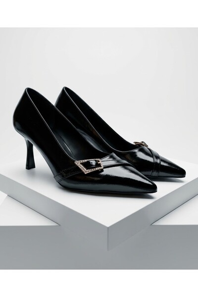Kadın Siyah Parlak Cilt Sivri Burun Stiletto Topuk Boyu 7,5cm Rahat Ve Şık Günlük Ve Özel Günler İçin