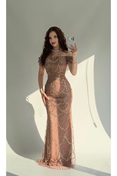 ayşenur Dinçer butik Taşlı Balon Kol Abiye Kahverengi