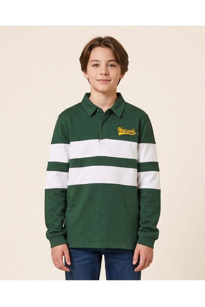REDTAG Senior Boys Green And White Striped Polo Shirt