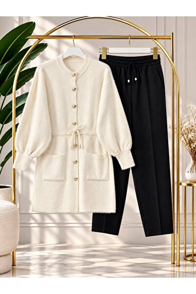YILMAZBARMAZ Women's Hijab Waist Gathered Buttoned Knitwear Cardigan Pants Set