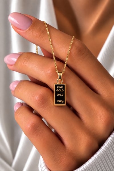 CAXBERN 22 Ayar Altın Kaplama Gold Külçe Singapur Zincir Kolye