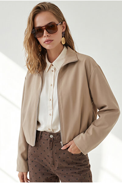 Olalook Women's Camel Zippered Lined Bomber Jacket with Hidden Pockets Ckt-19...