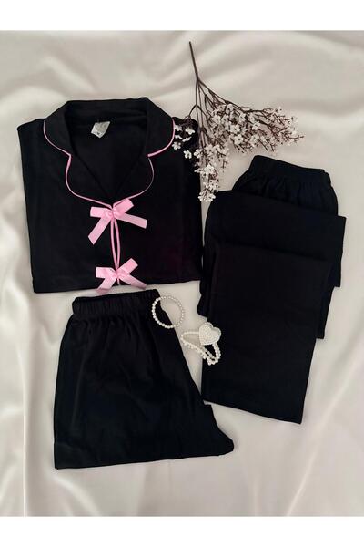 MH Moony Homewears 3'lü Penye Siyah Miles Kurdele Pijama Takımı