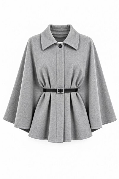 SevdeUgur Belted Women's Wool Knitted Poncho - Light Gray - Sevde Ugur