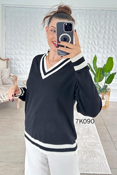 İnce Topuk V-Neck Collar Striped Knitwear Blouse 7K090