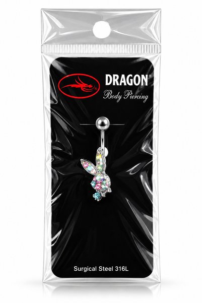 DRAGONTATTOO Renkli Taşlı Tavşan Figürlü Göbek Piercing 316L Cerrahi Çelik