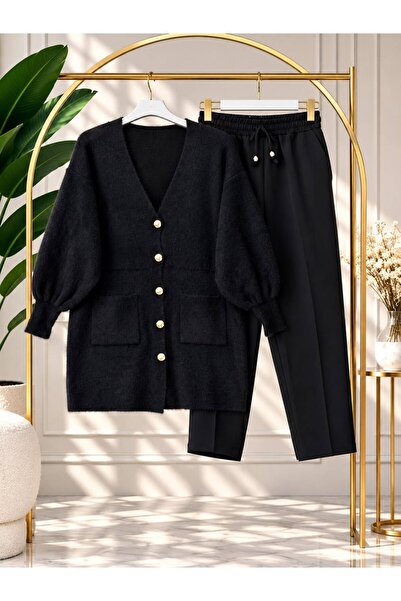 YILMAZBARMAZ Women's Hijab Balloon Sleeve Knitwear Cardigan Panton Set