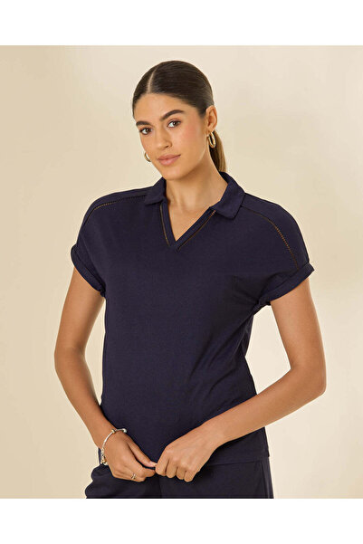 REDTAG Women Navy Plain Ladder Lace Detail Polo