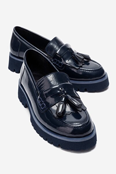 LuviShoes POEN Lacivert Rugan Hakiki Deri Püsküllü Kadın Loafer Ayakkabı
