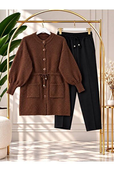 YILMAZBARMAZ Women's Hijab Waist Gathered Buttoned Knitwear Cardigan Pants Set