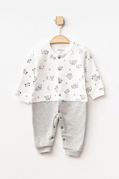 Aziz Bebe Baby Boy Lamb Patterned Jumpsuit with Snap Fasteners 0 Month - 6 Mo...