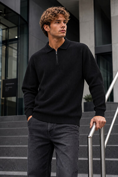 DAMGA JEANS Pulover negru cu guler polo și fermoar pentru bărbați