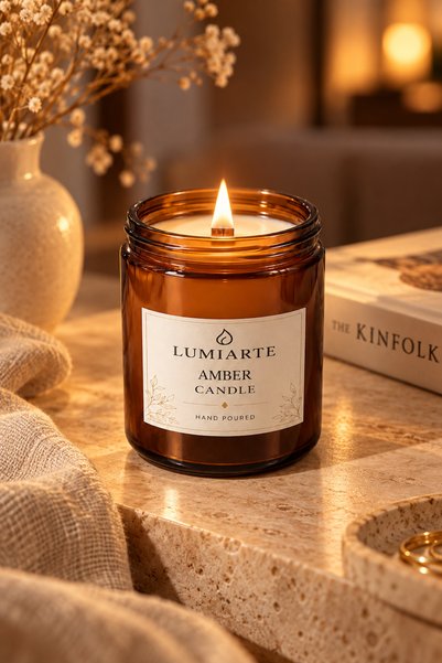 Lumiarte Amber Kokulu Mum 210 ml – Amber Cam Kavanoz, Metal Kapaklı, Ahşap Fi...