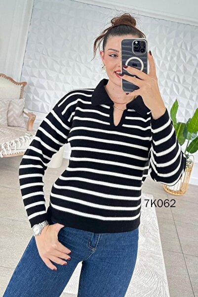 İnce Topuk Striped Polo Neck Knitwear Blouse 7K062